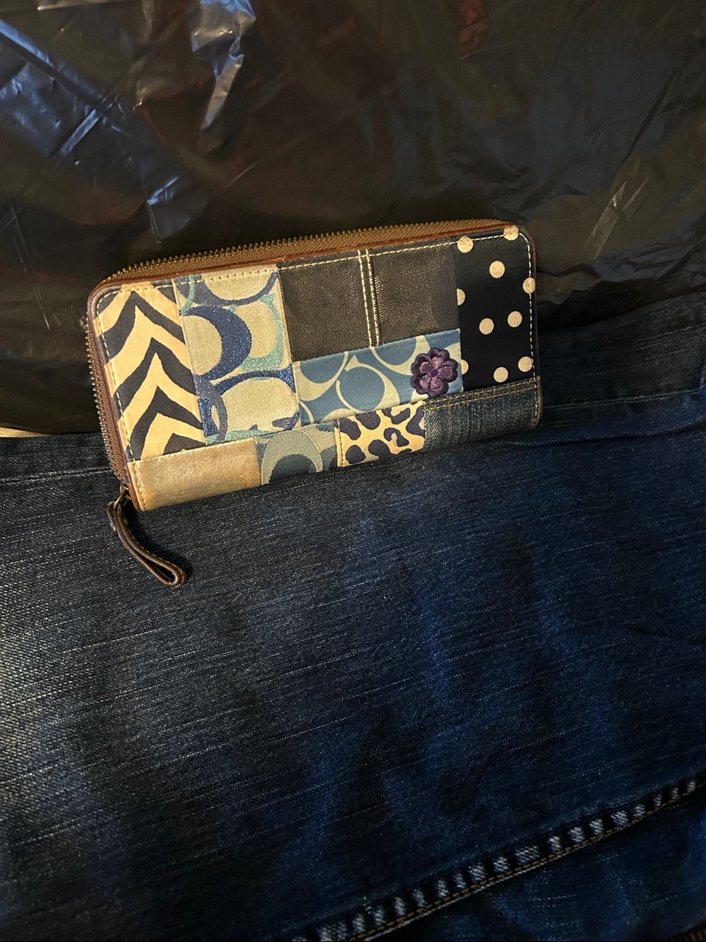 Coach Patchwork Floral Denim Zip Wallet - Blue, Purple, Tan - Picture 3 of 12